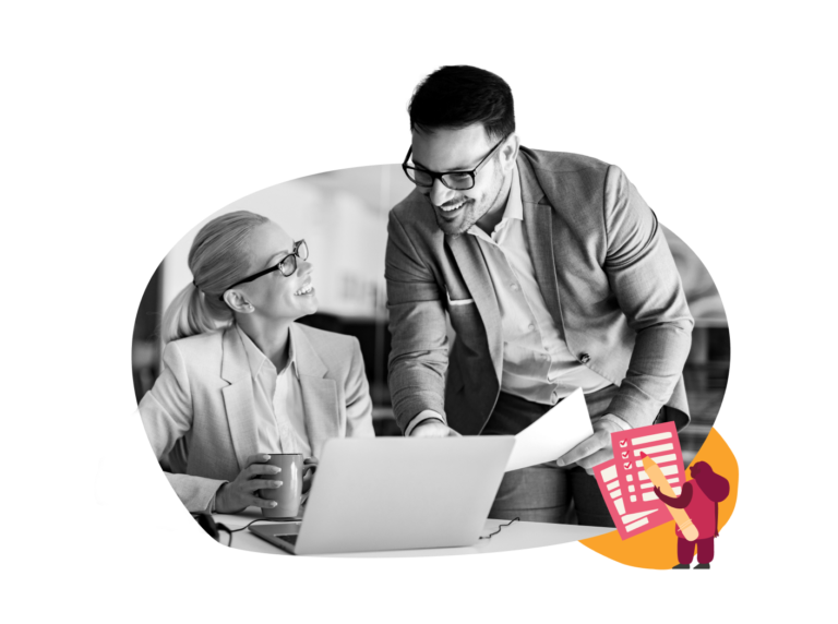 business colleagues engaging over a laptop, discussing reports, professional attire, workplace collaboration, teamwork, office interaction