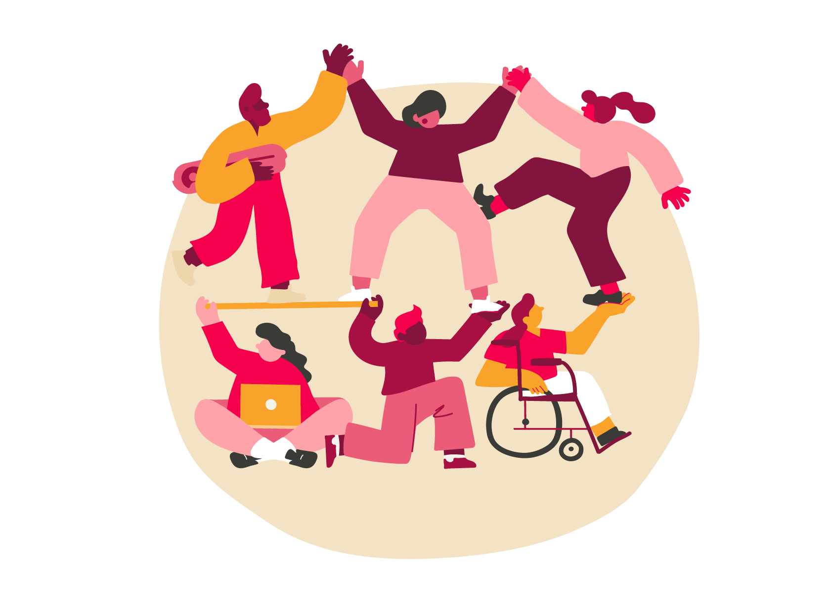 diverse people collaborating, celebrating together in a vibrant illustration, inclusive teamwork showcases unity and support