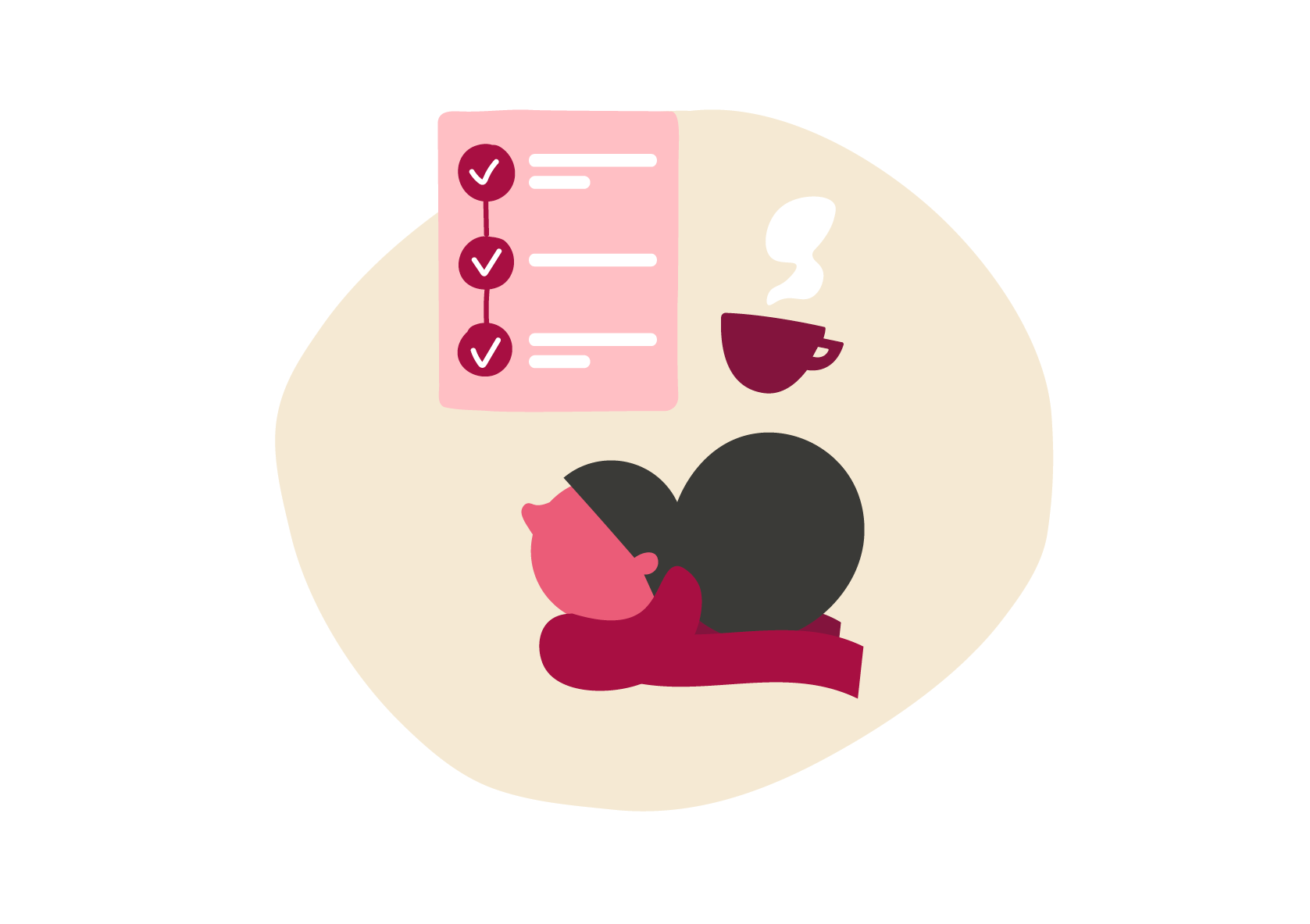 resting person with a checklist and cup of coffee, promoting relaxation and productivity, illustration of self-care and daily tasks