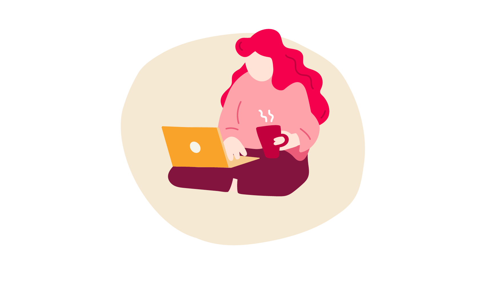 woman working on laptop with coffee cup, wearing pink sweater, sitting comfortably on a light background, remote work illustration