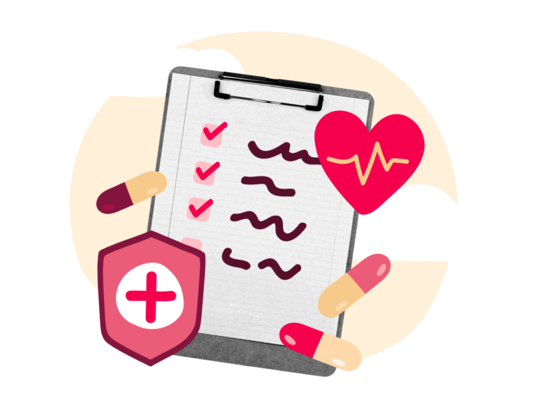 health checklist, medical icons with pills and heart, emphasizing health management and wellness tracking