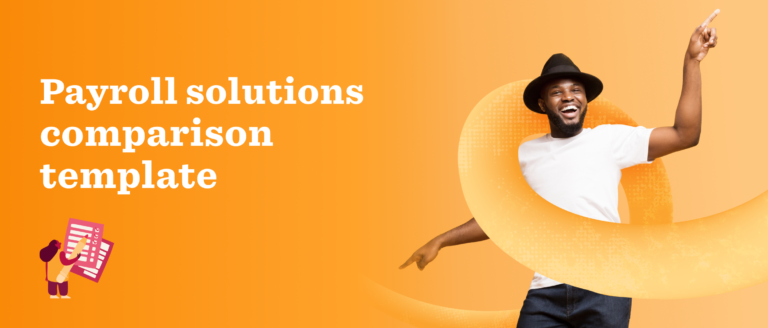 payroll solutions comparison template, smiling man in white shirt and hat against vibrant orange background