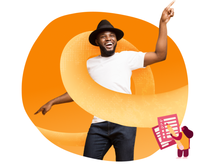 happy man in a white shirt and hat dancing with an orange swirl backdrop and illustration of a checklist, cheerful dancer with checklist elements