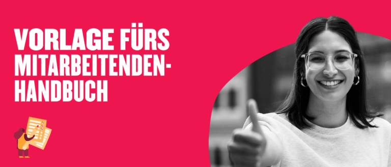 Vorlage für Mitarbeitenden-Handbuch, Frau mit Daumen hoch vor pinkem Hintergrund und Dokumenten-Illustration.