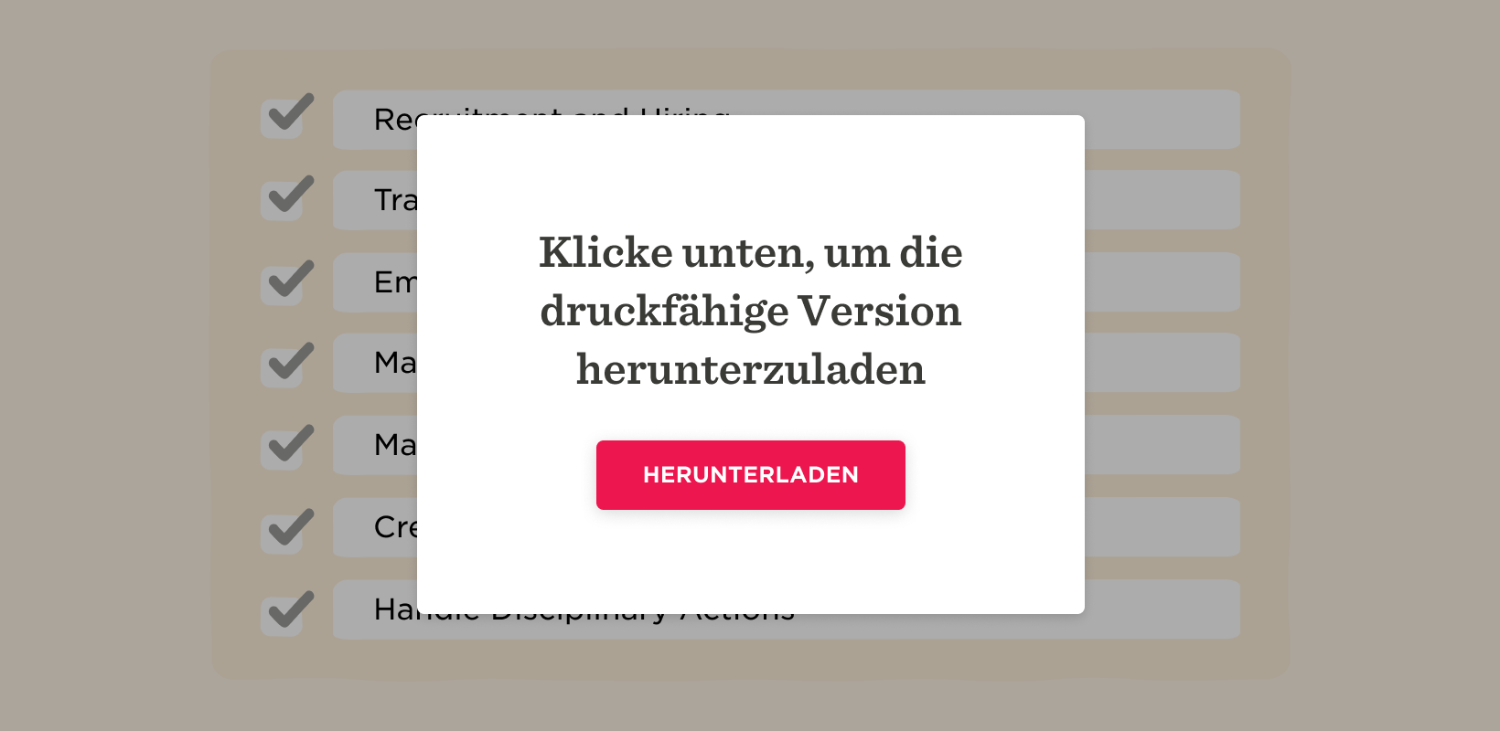 Klickbare Schaltfläche "HERUNTERLADEN" zur Druckversion einer Liste wichtiger Aufgaben im Personalmanagement, Aufgabenliste für Personalverwaltung mit Download-Link