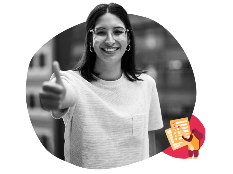 happy woman giving thumbs up, black and white portrait with checklist illustration