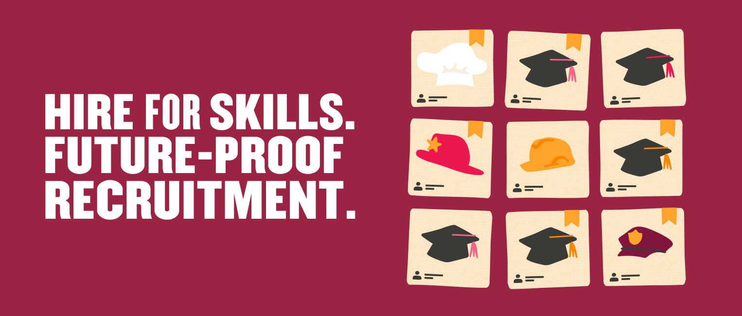 hire for skills future-proof recruitment graphic with icons of hats and graduation caps on red background, icons of professional roles in recruitment design