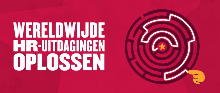 wereldwijde HR uitdagingen oplossen, maze with a star and hand pointing, vibrant red background, bold text design