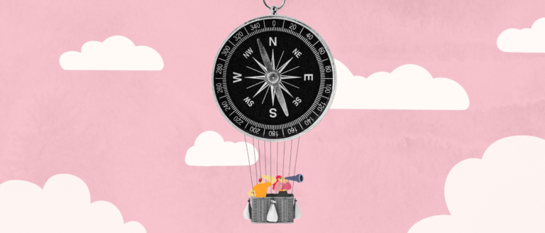 compass balloon floating in pink sky with clouds, adventurous journey theme with colorful characters exploring views