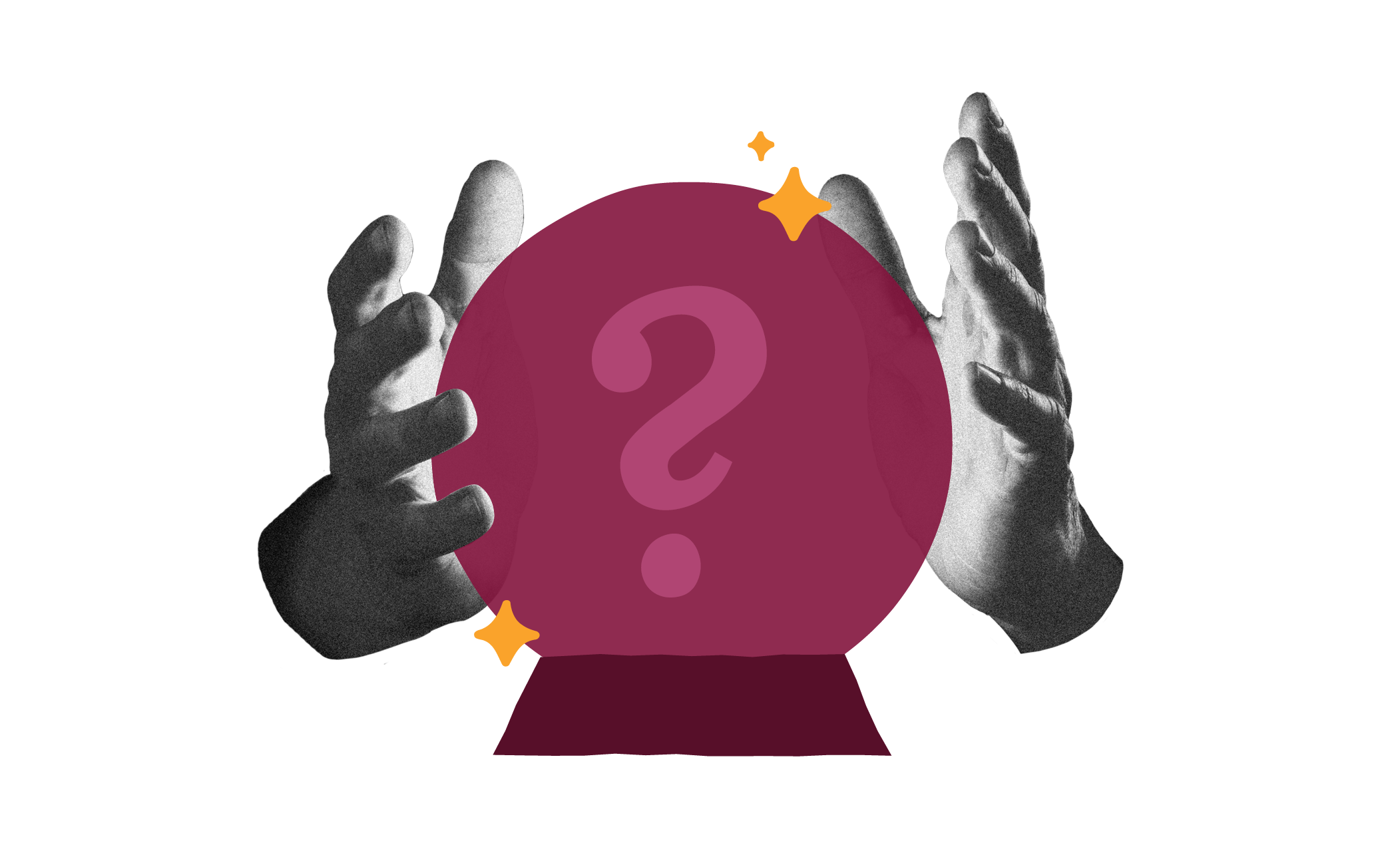 crystal ball, mystical hands, question mark