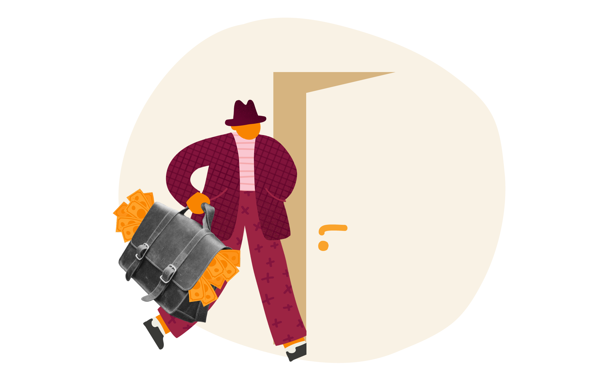 businessman carrying a briefcase full of cash beside a door, illustration of a stylish character exiting a building