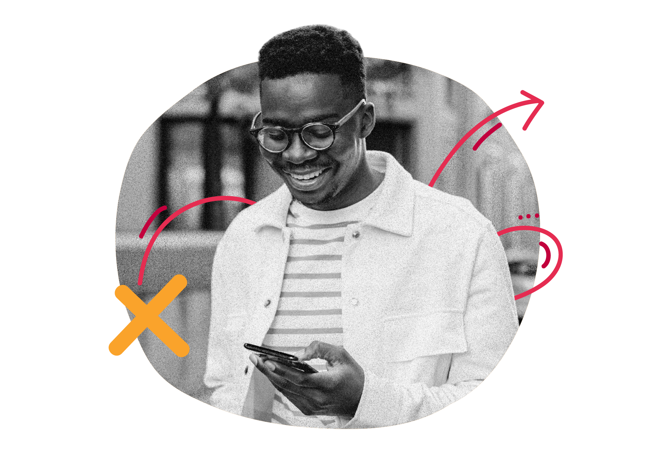 smiling man in glasses using smartphone with abstract colorful background, black and white photo with vibrant creative elements