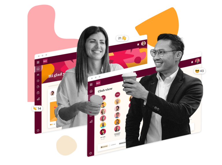 club view, happy people enjoying coffee with interactive screens showcasing user interfaces and vibrant colors