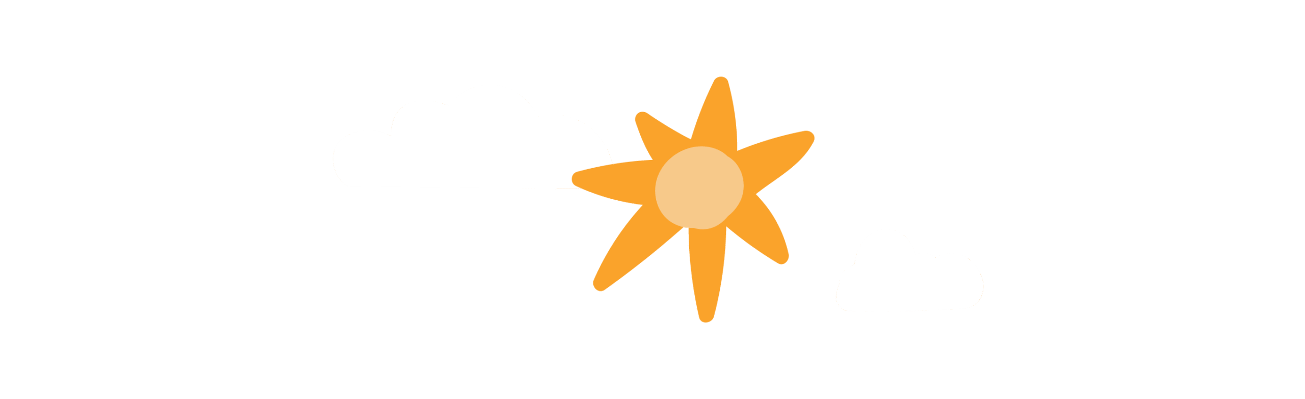 sun and clouds illustration, bright orange sun with rays, white fluffy clouds on a black background, colorful sun graphic with clouds