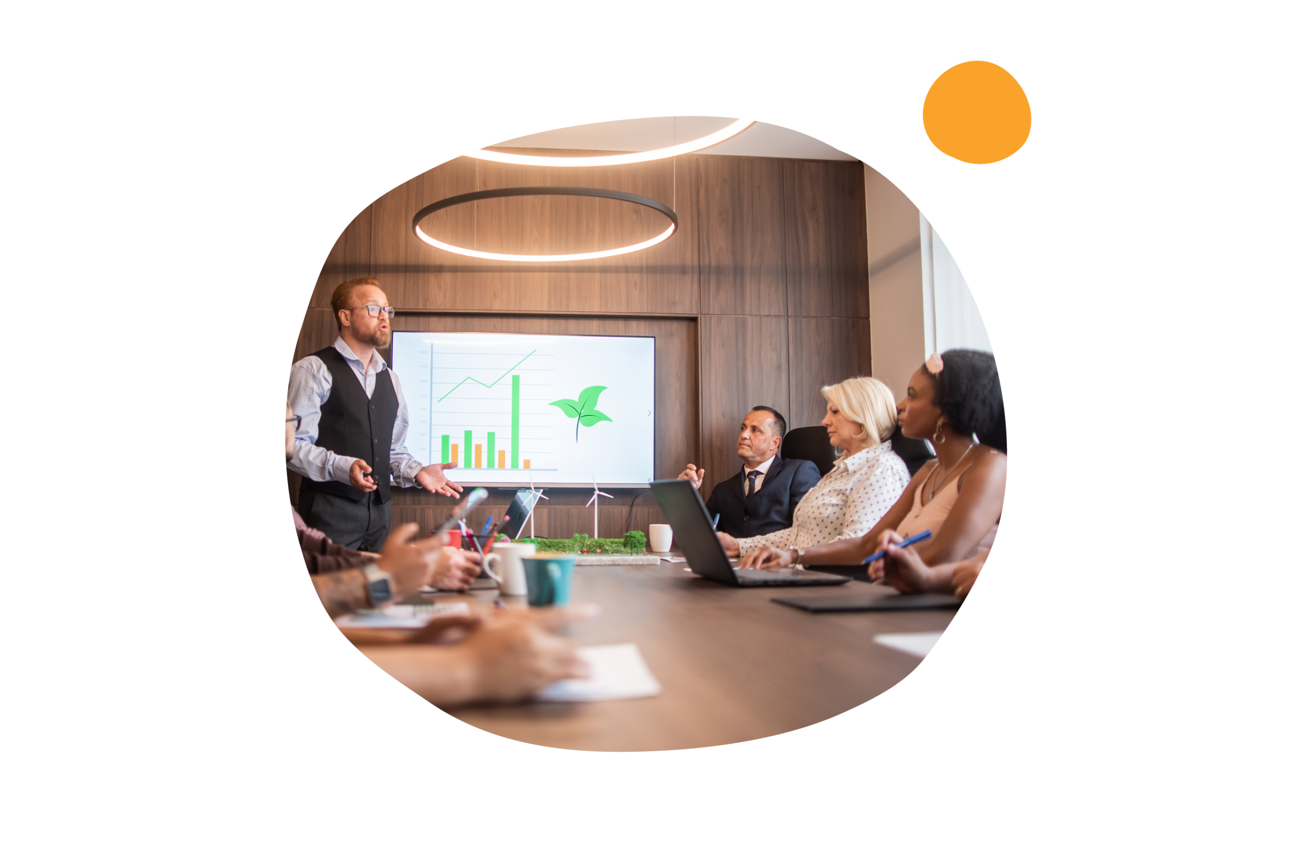 business meeting, presentation with charts and diverse team, modern conference room setting