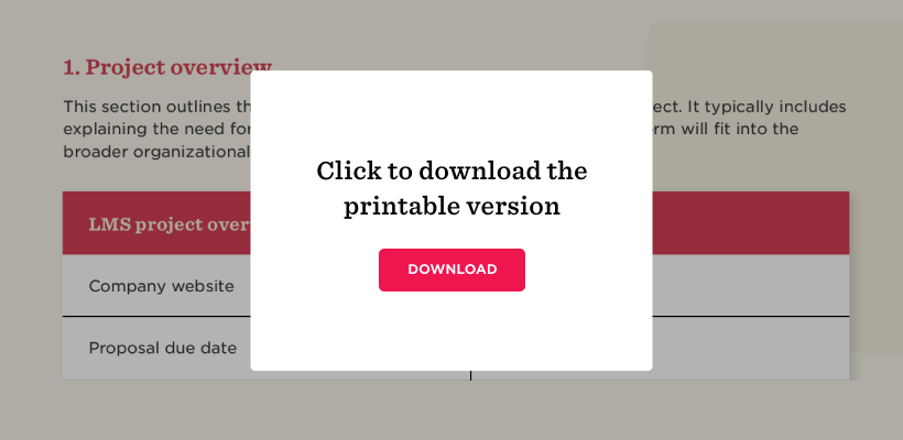 Modal overlay with the text “Click to download the printable version” and a red “Download” button, partially covering a project overview section and table.
