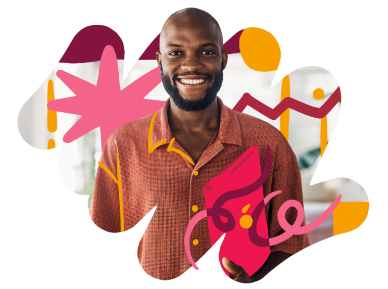 man smiling in patterned shirt with vibrant colorful background elements, cheerful portrait showcasing vibrant artistic design elements