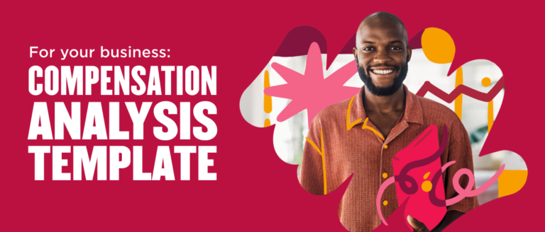 compensation analysis template with smiling man on pink background, business graphics and bold text for business solutions
