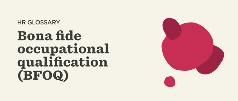 HR glossary terms with bold typography against a light background, featuring abstract red shapes. BFOQ meaning emphasized. HR glossary, BFOQ definition