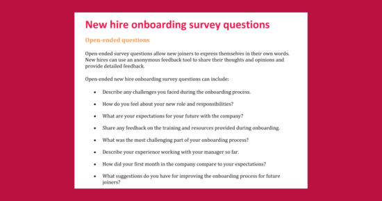 A screenshot of HiBob's new hire onboarding survey question template