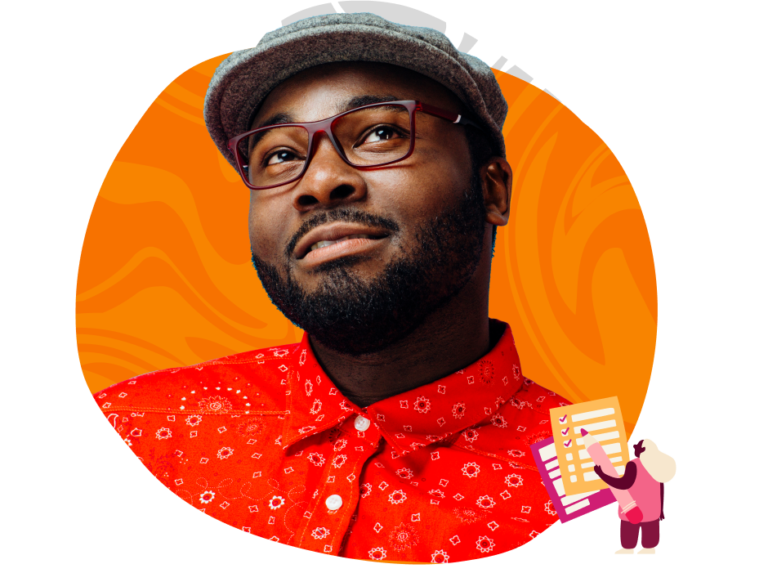 man in bright red patterned shirt with glasses, smiling against an orange background, creative illustration and checklist in foreground