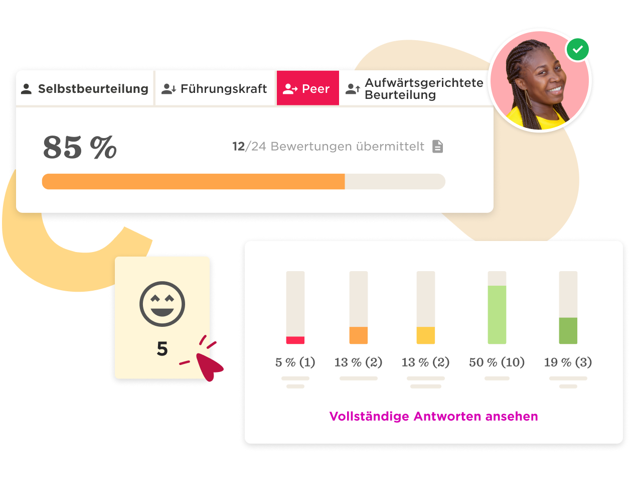 85% Peer feedback summary with rating scale, progress bar, and response breakdown in a colorful, accessible design. visual_feedback, peer_review