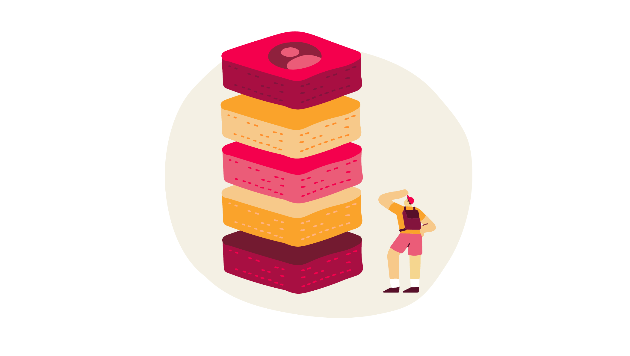 stacked colorful desserts, person contemplating dessert height