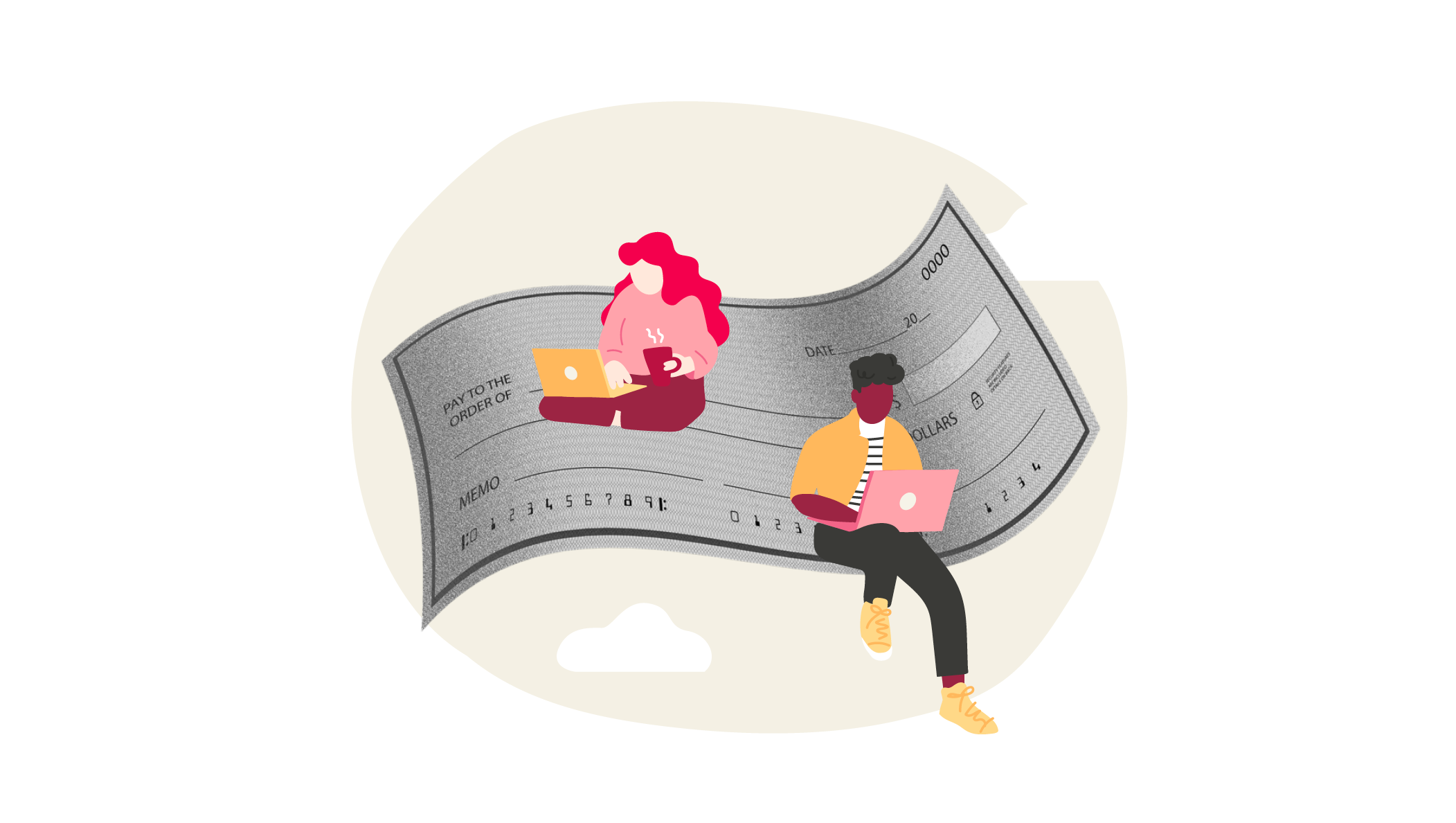 cheque with two people working on laptops, illustration of remote work and finance management