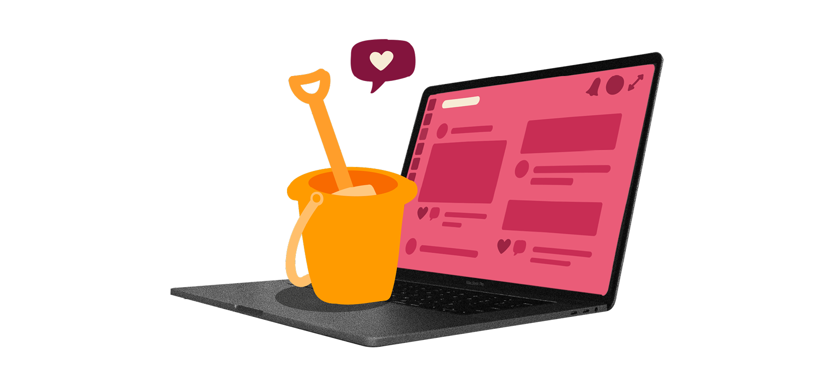 laptop with pink social media interface and orange bucket & shovel, symbolizing digital creativity and exploration, digital creativity, social media interaction