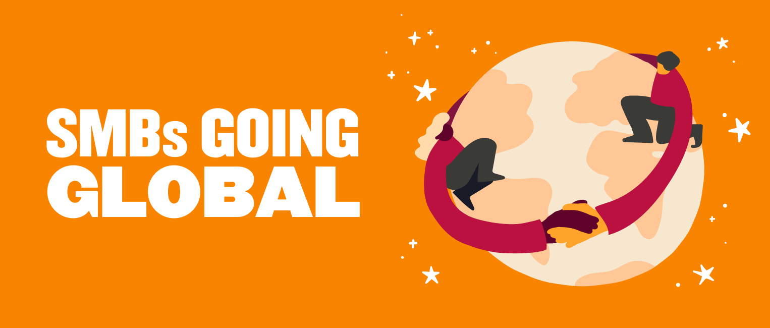 SMBs Going Global with diverse figures shaking hands around a stylized globe on a vibrant orange background. , SMBsGoingGlobal, GlobalIntegration