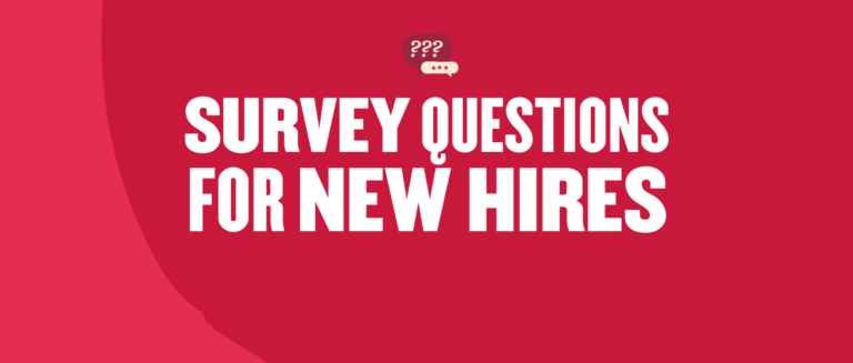 SURVEY QUESTIONS FOR NEW HIRES on a bold red background with speech bubble icons., Employee feedback on onboarding process.