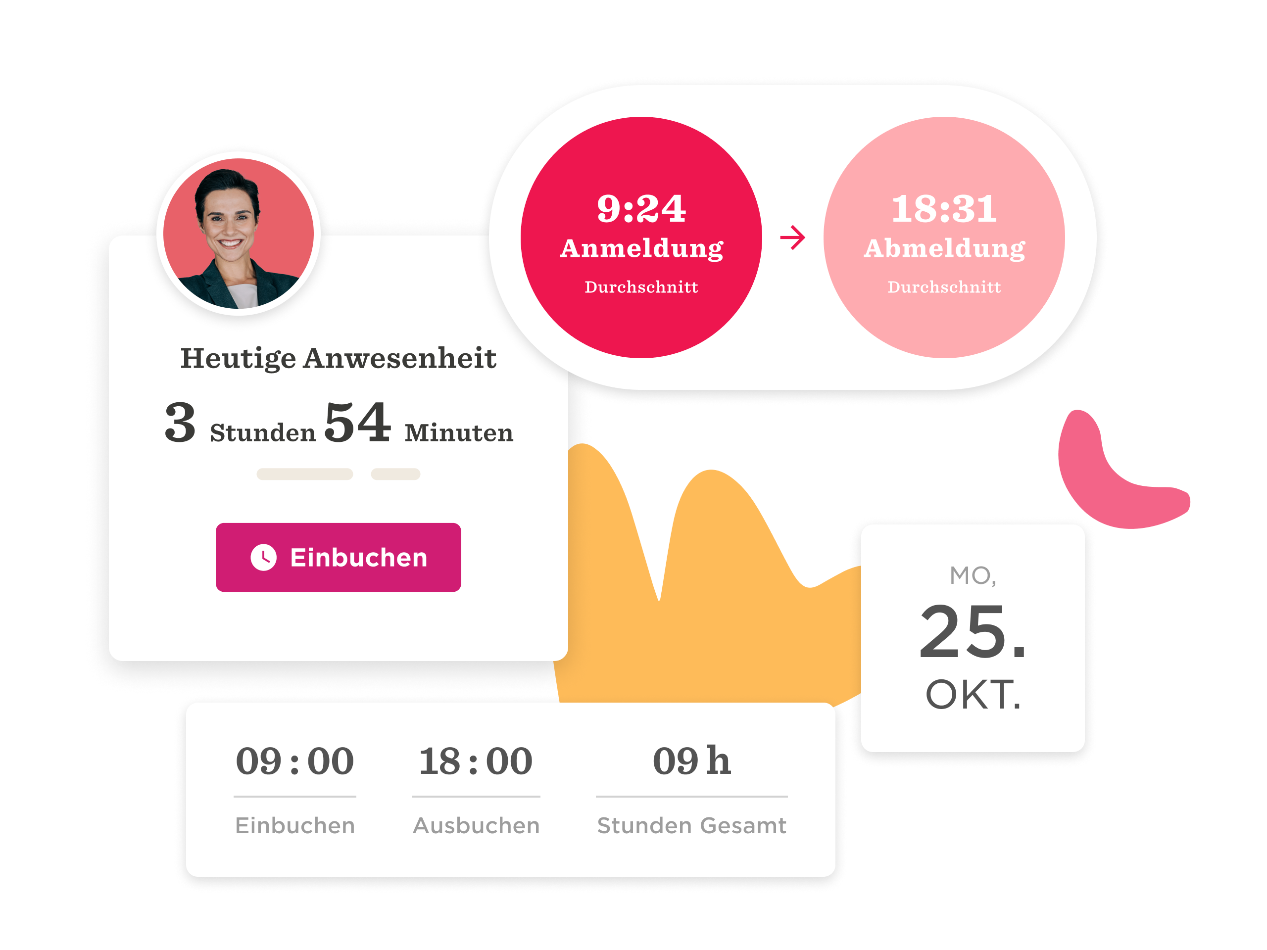 Einbuchung, Anwesenheit 3h54m am 25. Oktober, mit Check-in und Check-out Zeiten digital dargestellt.