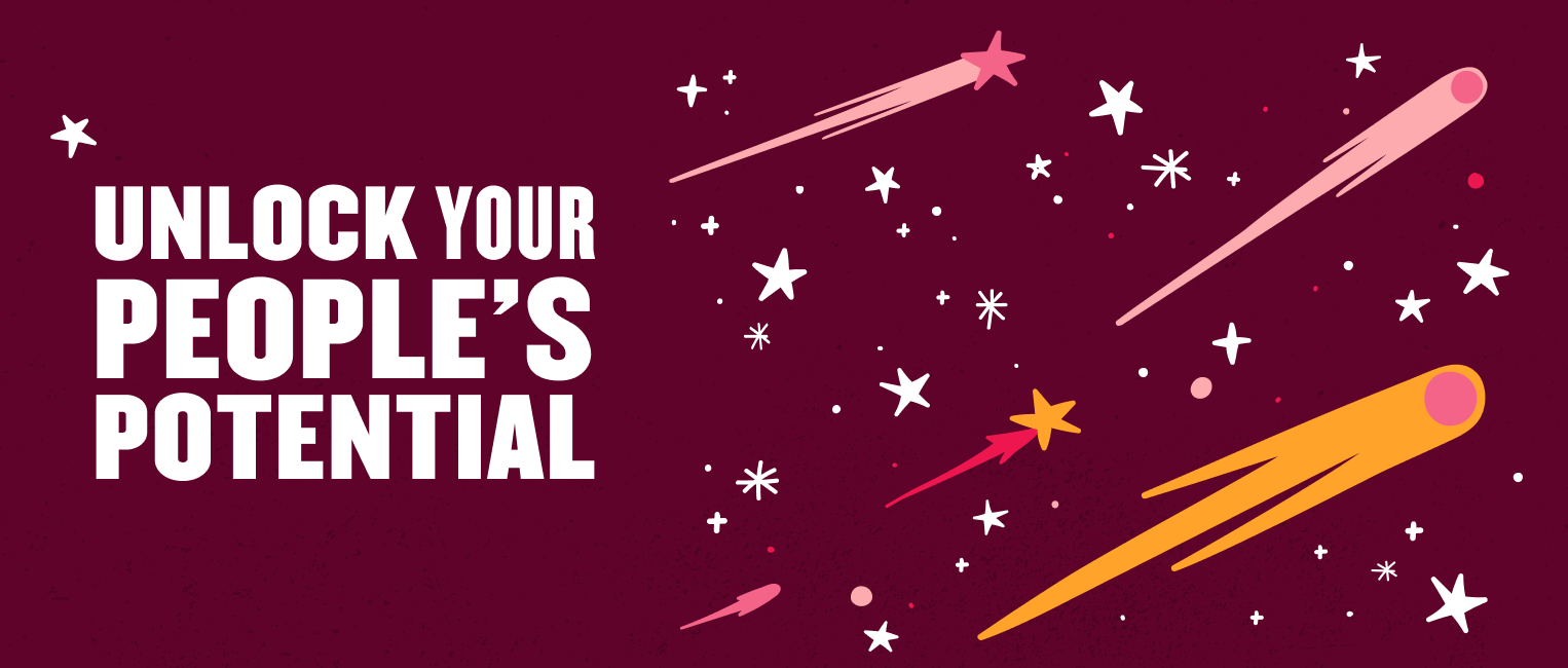unlock your people's potential with vibrant comets and stars against a deep maroon background, dynamic cosmic illustration