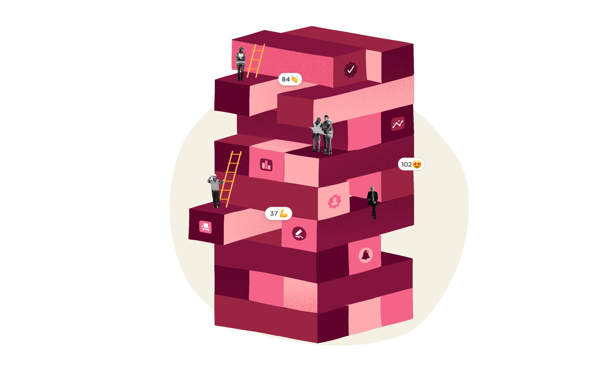 visual representation of success metrics with people scaling colorful blocks, illustration depicting data analysis with ladders and figures