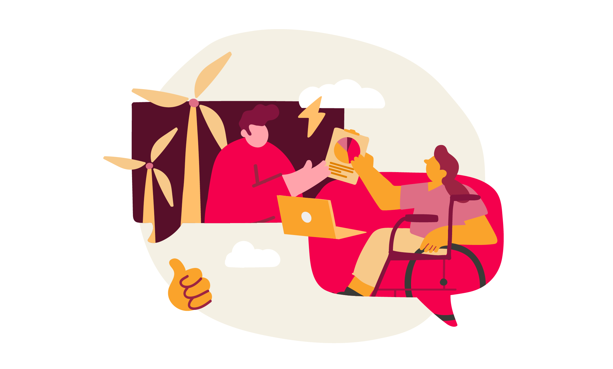 illustration of teamwork discussing sustainable energy with wind turbines, laptop, charts in a vibrant, modern style, collaboration on energy solutions, emphasizing innovative ideas and technology