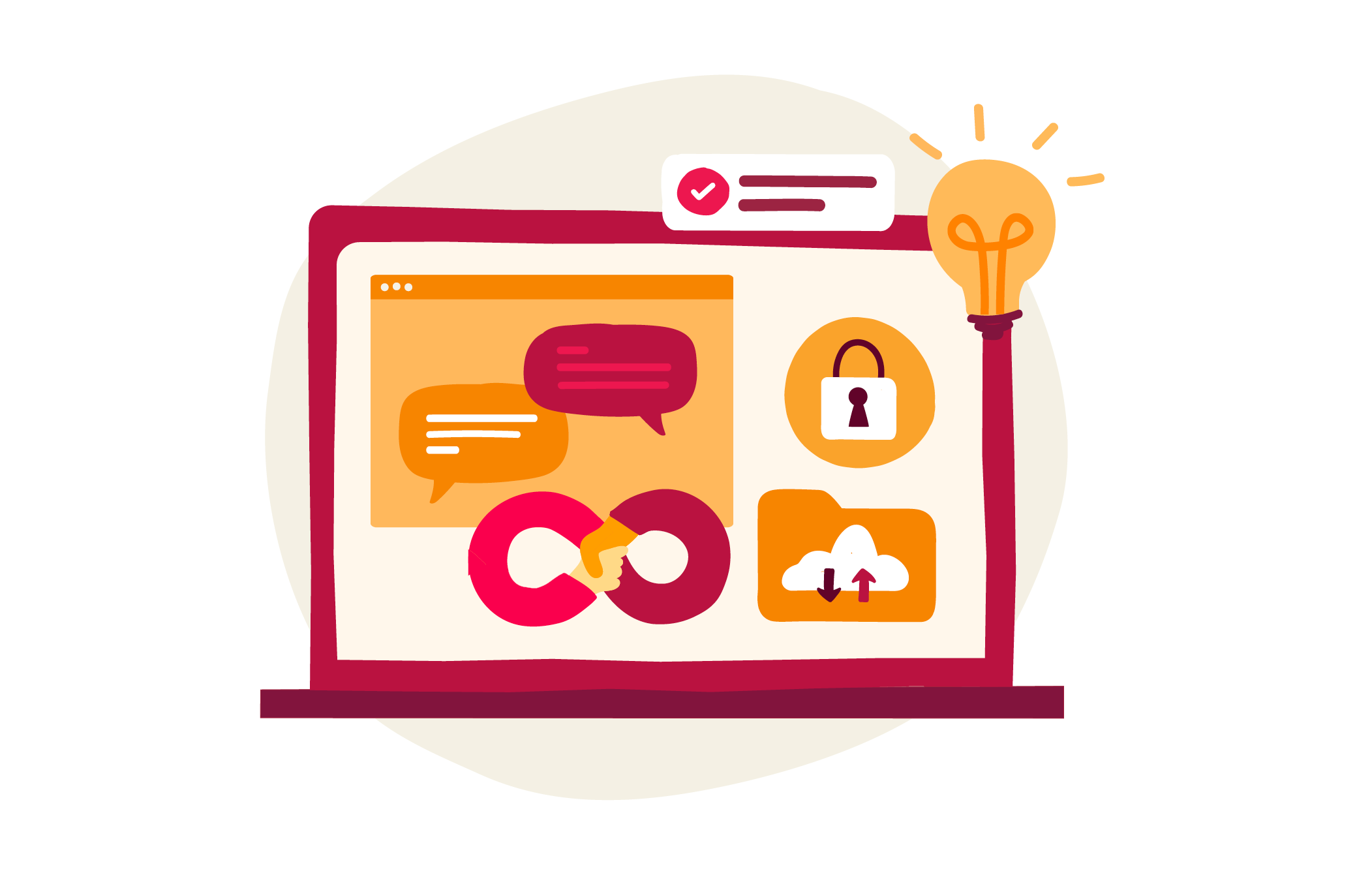 computer screen, chat icons and security symbols