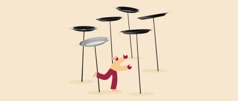 juggler balancing spinning plates, colorful cartoon illustration of juggling performance with multiple plates on sticks