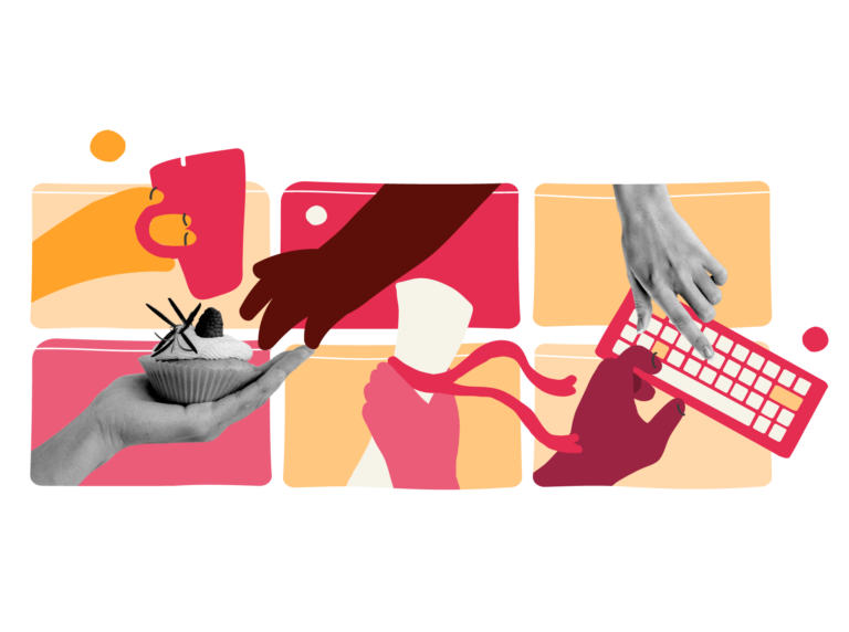 hands holding a cupcake, coffee cup, and typing on a keyboard, showcasing diverse activities in colorful panels, food and technology interaction elements