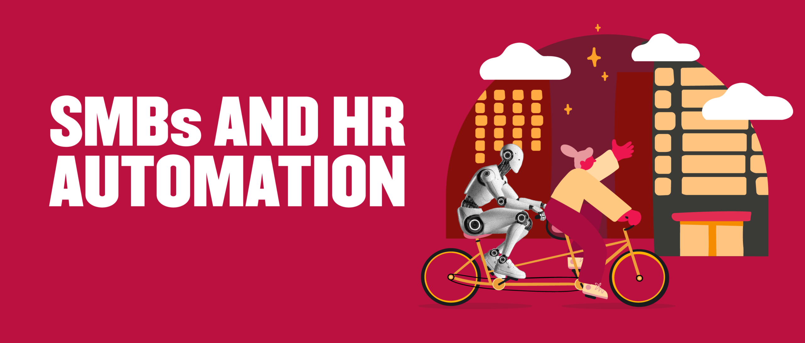 SMBs HR automation bike ride, featuring a robot and human in a vibrant city backdrop, HR automation SMBs bicycle collaboration illustration