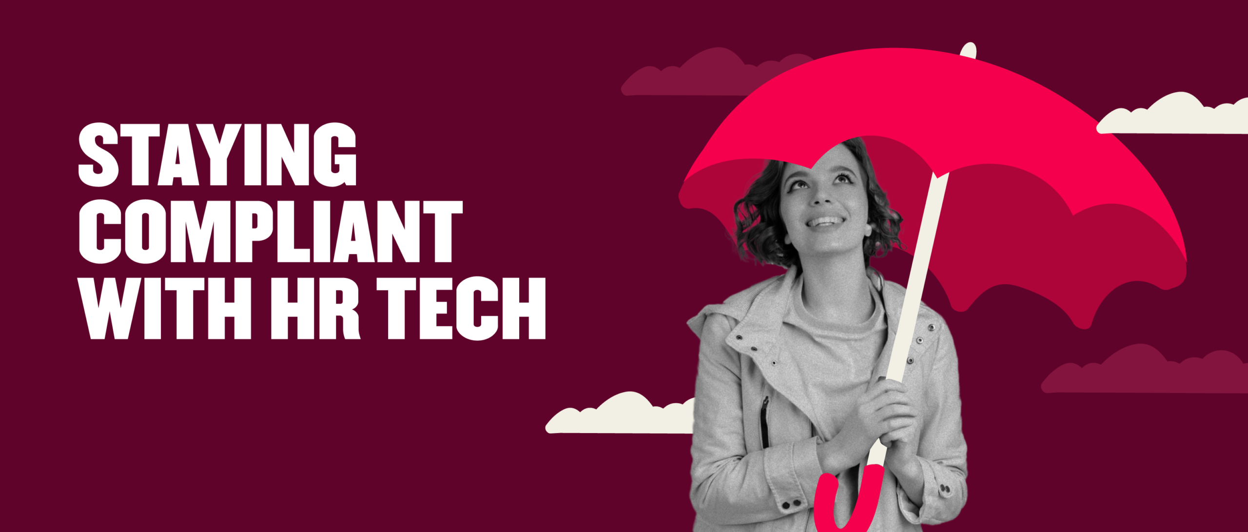 staying compliant with HR tech woman holding red umbrella on maroon background with clouds, HR compliance technology visual elements