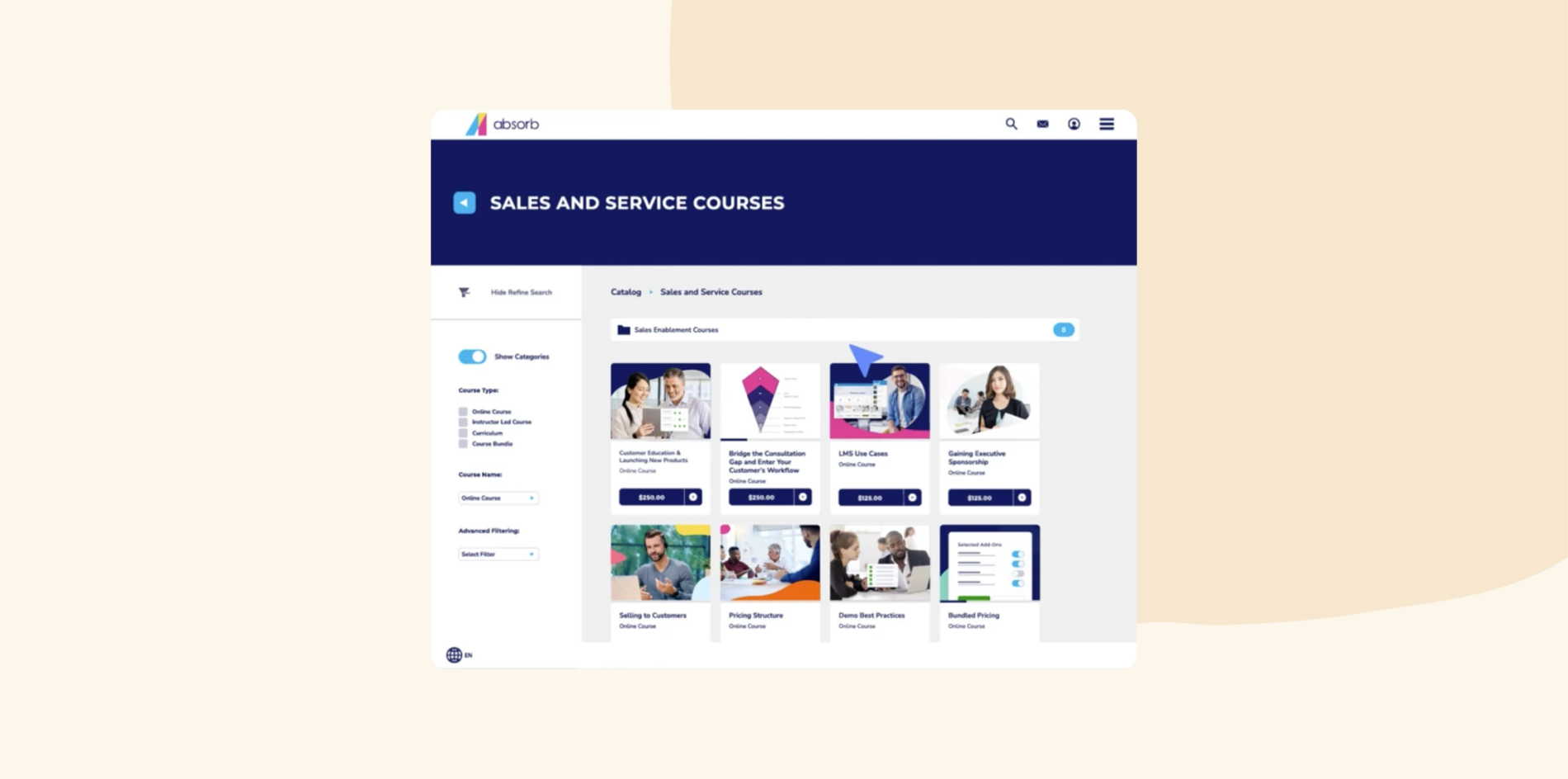 Absorb LMS interface displaying a catalog of sales and service courses with pricing, course thumbnails, filters, and enrollment options.