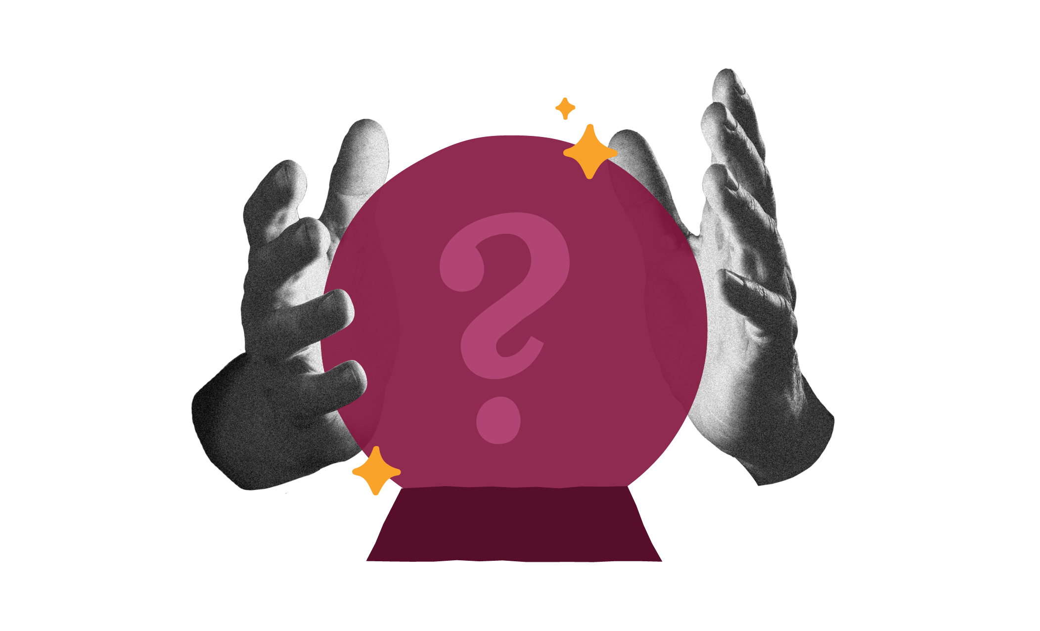crystal ball, mystical hands, question mark
