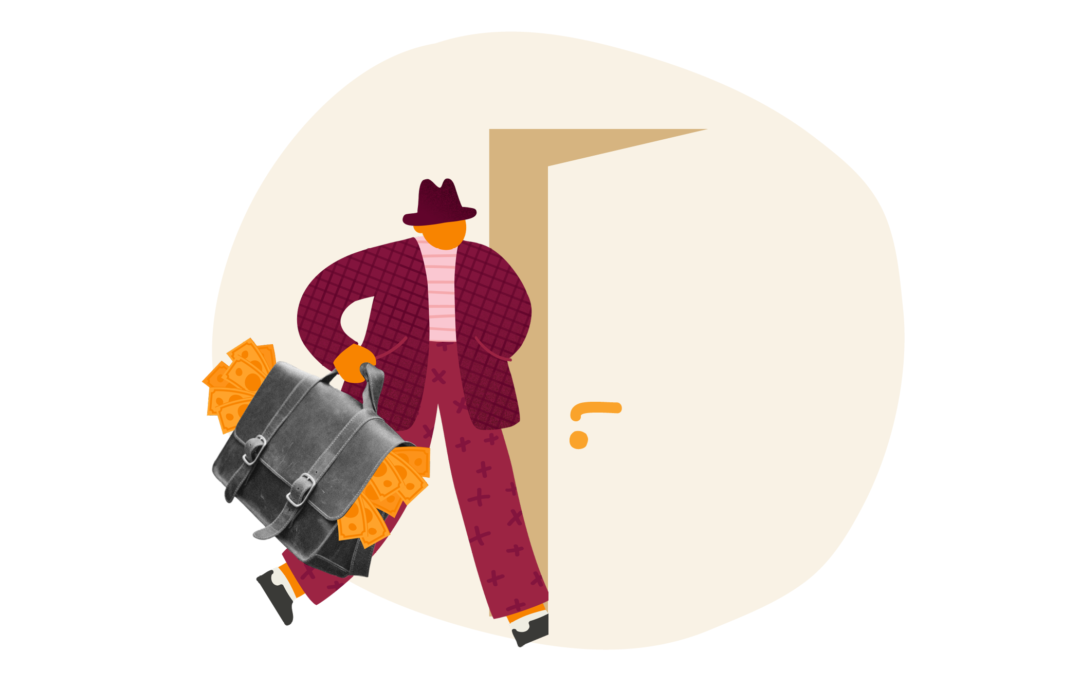 businessman carrying a briefcase full of cash beside a door, illustration of a stylish character exiting a building