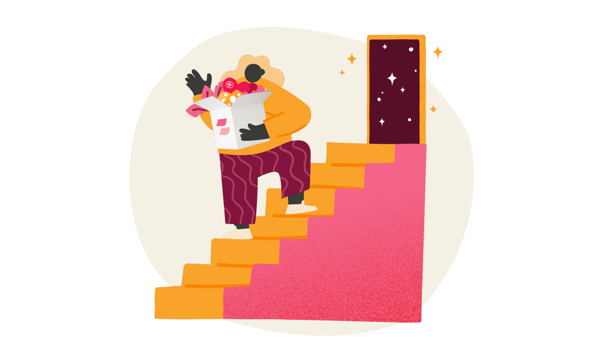 person carrying a box of groceries up colorful stairs, bright door with stars at the top of the stairs