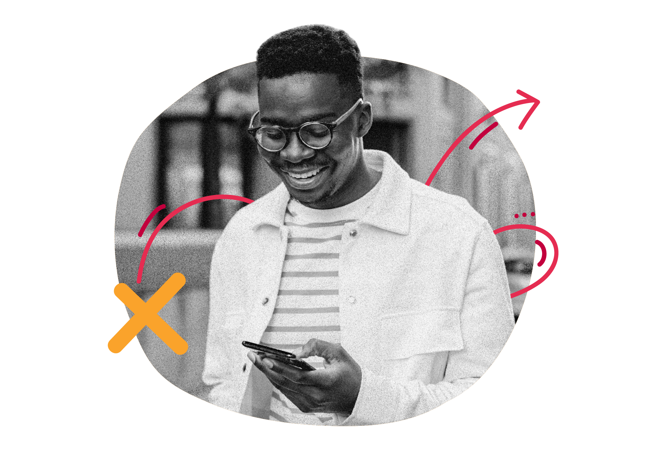 smiling man in glasses using smartphone with abstract colorful background, black and white photo with vibrant creative elements