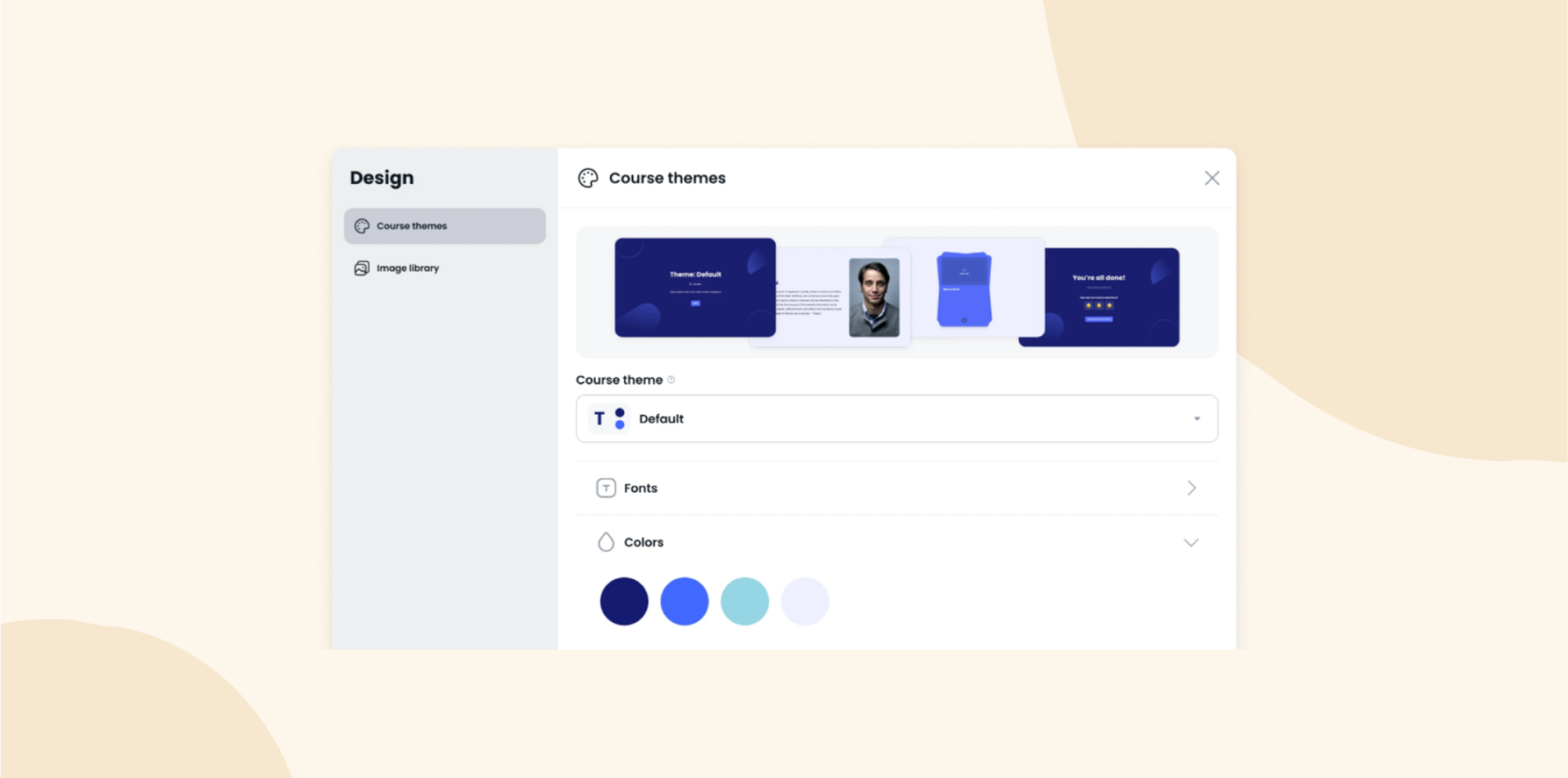 course themes menu with design options, including color palettes and fonts for course customization, design interface showcasing course themes and default settings