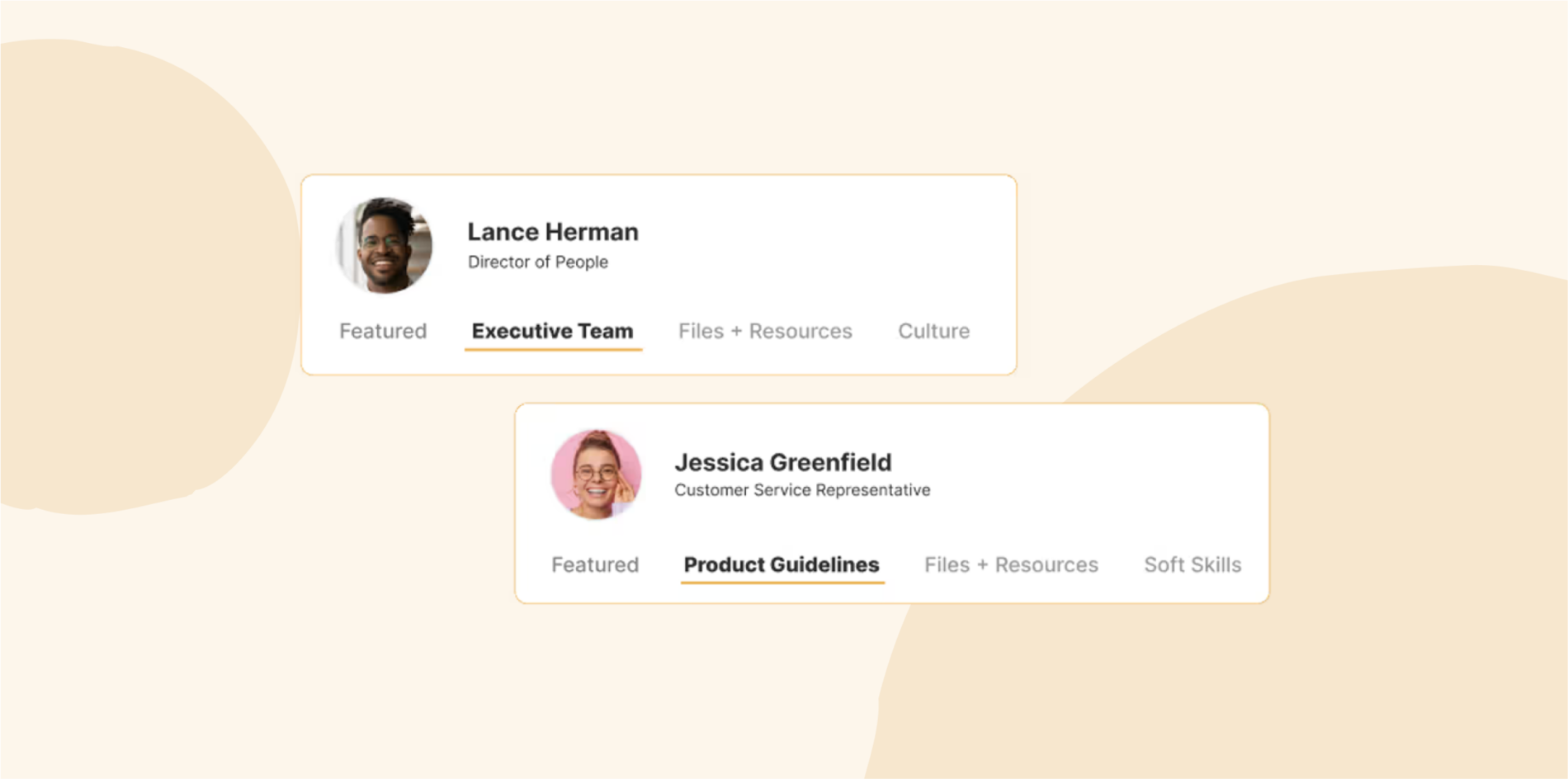 Employee profile cards for Lance Herman and Jessica Greenfield, showing job titles and tabbed sections for resources like Executive Team, Product Guidelines, and Soft Skills.