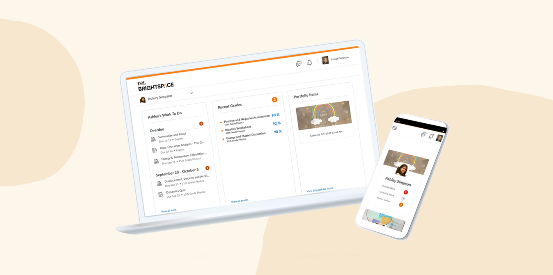 Brightspace learner dashboard shown on laptop and mobile, featuring to-do lists, recent grades, and portfolio items for a student named Ashley Simpson.