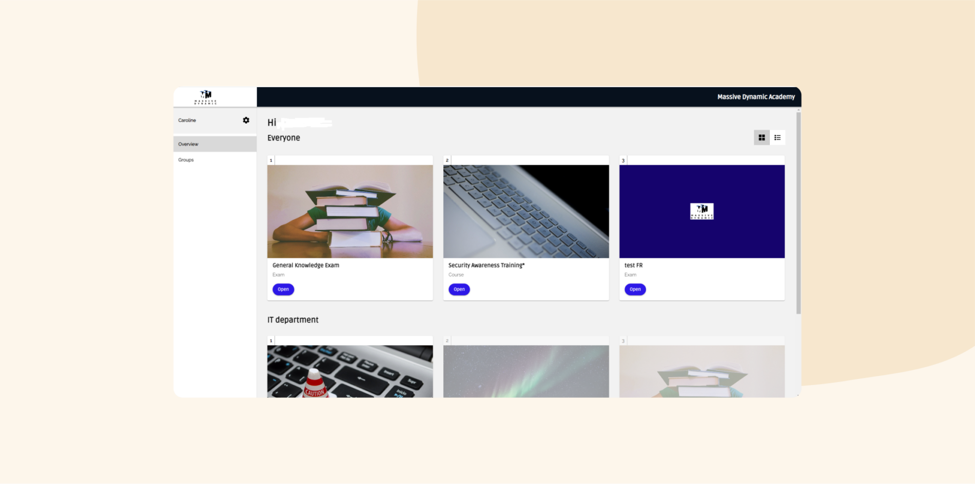 dashboard interface, online courses and exams overview