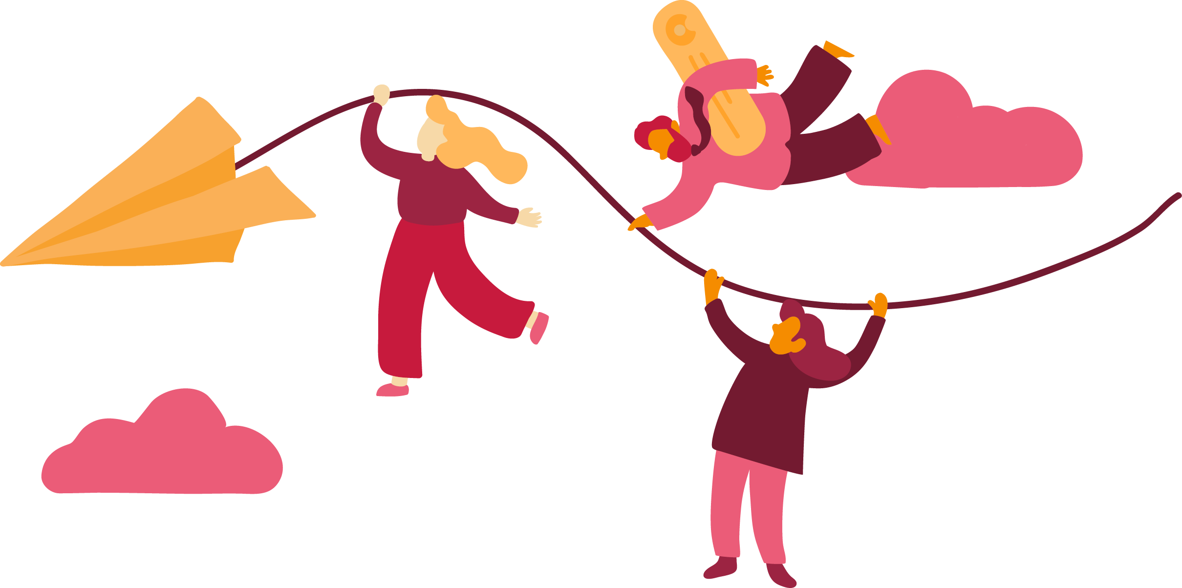 paper airplane, people flying, colorful illustration